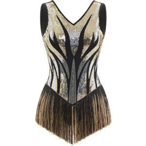 Women Sexy Sequin Fringe Bodysuit Gradient Sparkly Tassel Romper Latin Jazz Dance Leotard Acrobat Costume Disco Rave Outfits (M)