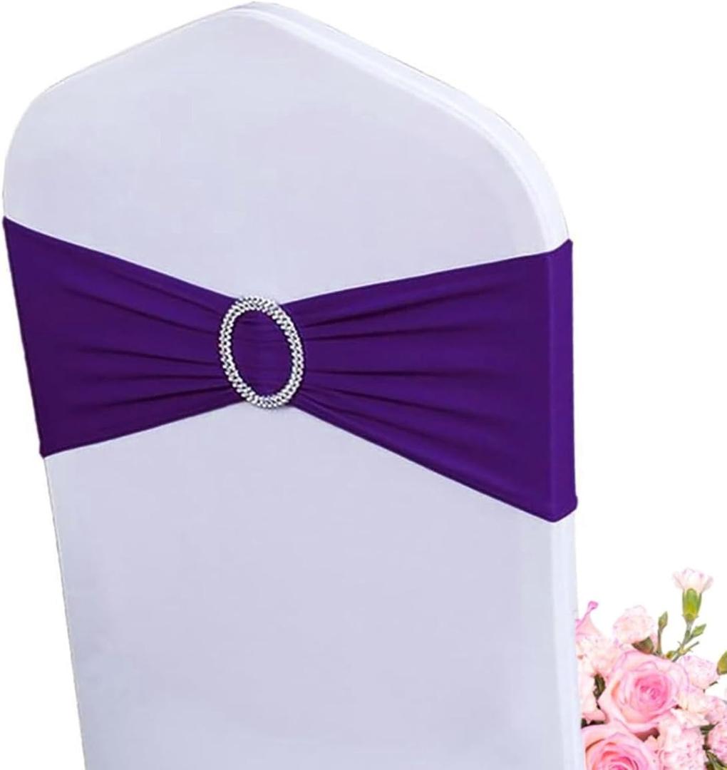 Albassa Chair Sashes Spandex Stretch Chair Bows with Buckle Slider for Wedding Party Decorations (Purple, 50PCS)