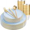 bUCLA 150PCS Blue Plastic Plates - Light Blue and Gold Disposable Include 25 Each (Dinner & Dessert) Plates, 25 Knives, 25 Forks, 25 Spoons and 25 Cups, Ideal for Party, Birthday & Wedding
