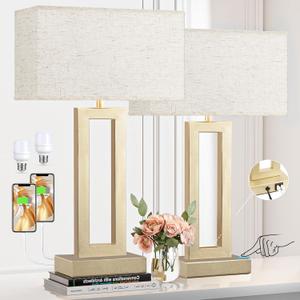 Seealle 22" Tall Bedroom Lamps for Living Room - Touch Gold Bedside Lamps with USB C+A, 3 Way Dimmable Lamp for Nightstand, Modern Night Stands Lamps for End Tables(Beige&Gold)