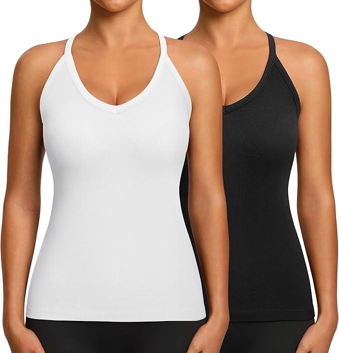 Missclub Crop Tank Tops for Women with Built in Bra 2 Pack Seamless Work Out Cropped Tanks Slim Fitted, XS