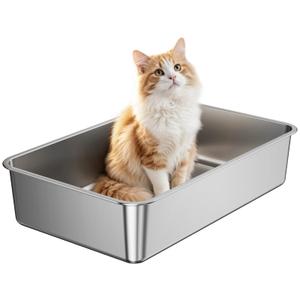 OneBug Stainless Steel Cat Litter Box with High Sides, Large Metal Litterbox Pan, Odor-Free & Non-Stick Smooth Surface, Leakproof One-Piece Kitty Litter Tray for Indoor Cats, Kittens