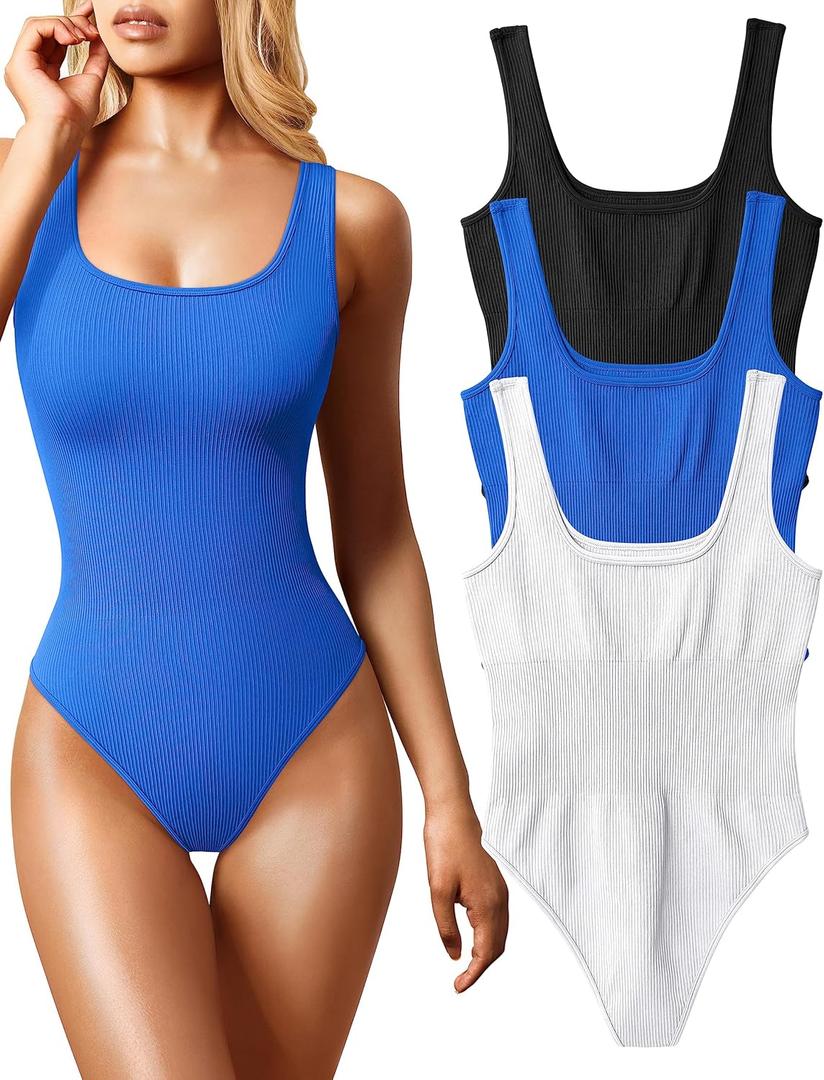OQQ Women's 3 Piece Bodysuits Sexy Ribbed Sleeveless Square Neck Tank Tops Leotard 2025 Trendy Outfits (Black Blue White), Size: L OQQ Women's 3 Piece Bodysuits Sexy Ribbed Sleeveless Square Neck Tank Tops Leotard 2025 Trendy Outfits (Black Blue White), Size: L