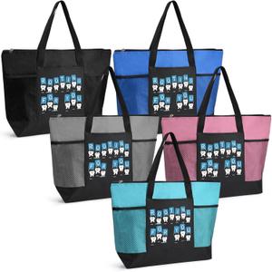 Roowest 5 Pcs Dental Hygienist Week Gifts Dental Hygiene Appreciation Tote Bags Mesh Pockets Tote Bags for Nurses Doctors(Multicolor)