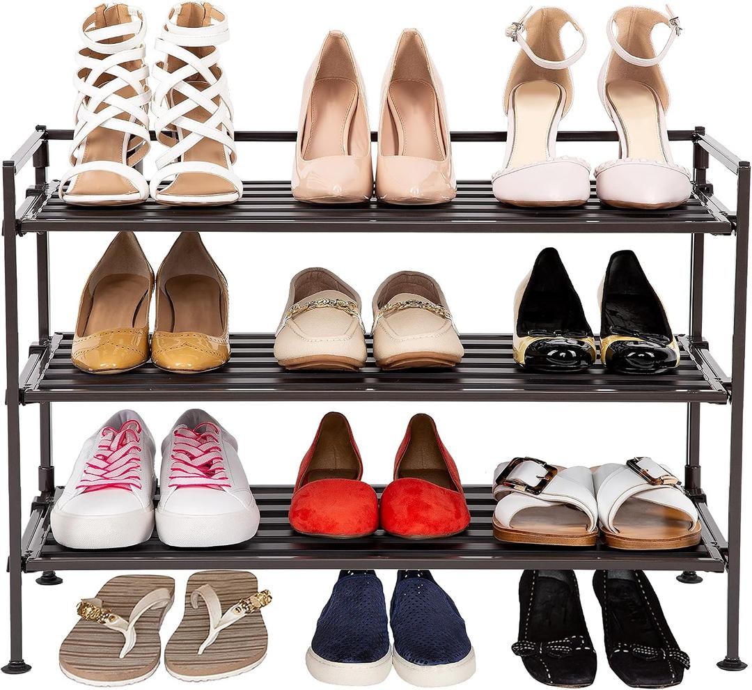 Seville Classics Sturdy Freestanding Storage Shelf for Bedroom, Closet, Entryway, Dorm Room Organizer Stackable Durable Metal Shoe Rack Espresso Slat, 3-Tier (NEW MODEL)