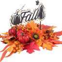 MEETYAMOR Fall Centerpieces for Table, 25" LED Lighted Pumpkin Centerpiece for Fall Thanksgiving Decor, Artificial Pine Cones, Berries, Autumn Leaves Harvest Fall Dining Table Decorations for Home (Mycp-8073)