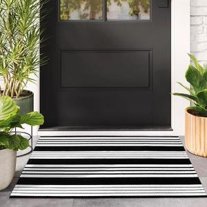 Black and White Striped Outdoor Rug 27.5"x43" Cotton Front Porch Door Mat Doorway Carpet Kitchen Laundry Room (Black Strip)