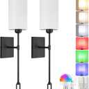 Battery Operated Wall Sconces Set of 2 with Remote, Wireless Wall Sconce with 2 Dimmable RGB LED Bulbs, Rechargeable Wall Lamps, Not Hardwired Wall Lights, Linen Shade, Black B04YBP205
