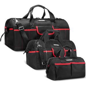 HAUTMEC 3-Piece Large Tool Bag Set (12 / 18 / 24), Heavy-Duty 1680D Wide Mouth Tool Bag with Metal Frame, Foldable Tool Tote Bag with Non-Slip Base, Double Zippers & Padded Shoulder Strap  HT0297