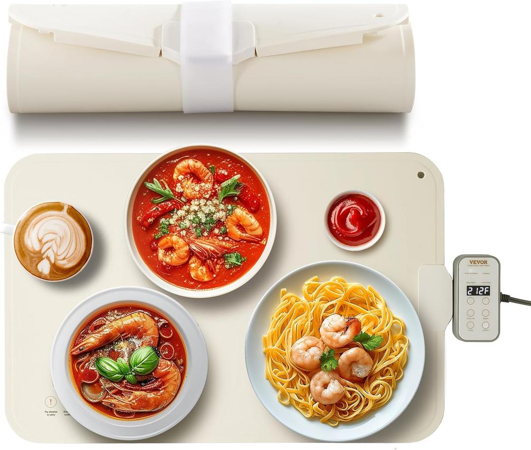 VEVOR Electric Warming Tray, Food Warming Mat for Buffet, Rollable & Portable Silicone Food Warmer with 4 Adjustable Temperature Settings, Auto Shut-Off & Child Lock, Perfect for Parties, Catering (23.62*15.75*0.57")