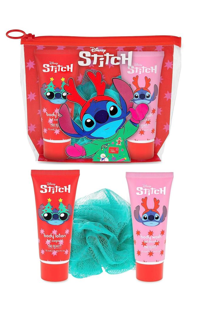 Disney Stitch at Christmas Gift Set, 3-in-1 Bath Kit: Body Wash, Body Lotion, & Exfoliating Loofah, Wild Berry Scented, Relax & Unwind, Great Self-Care Gift Set