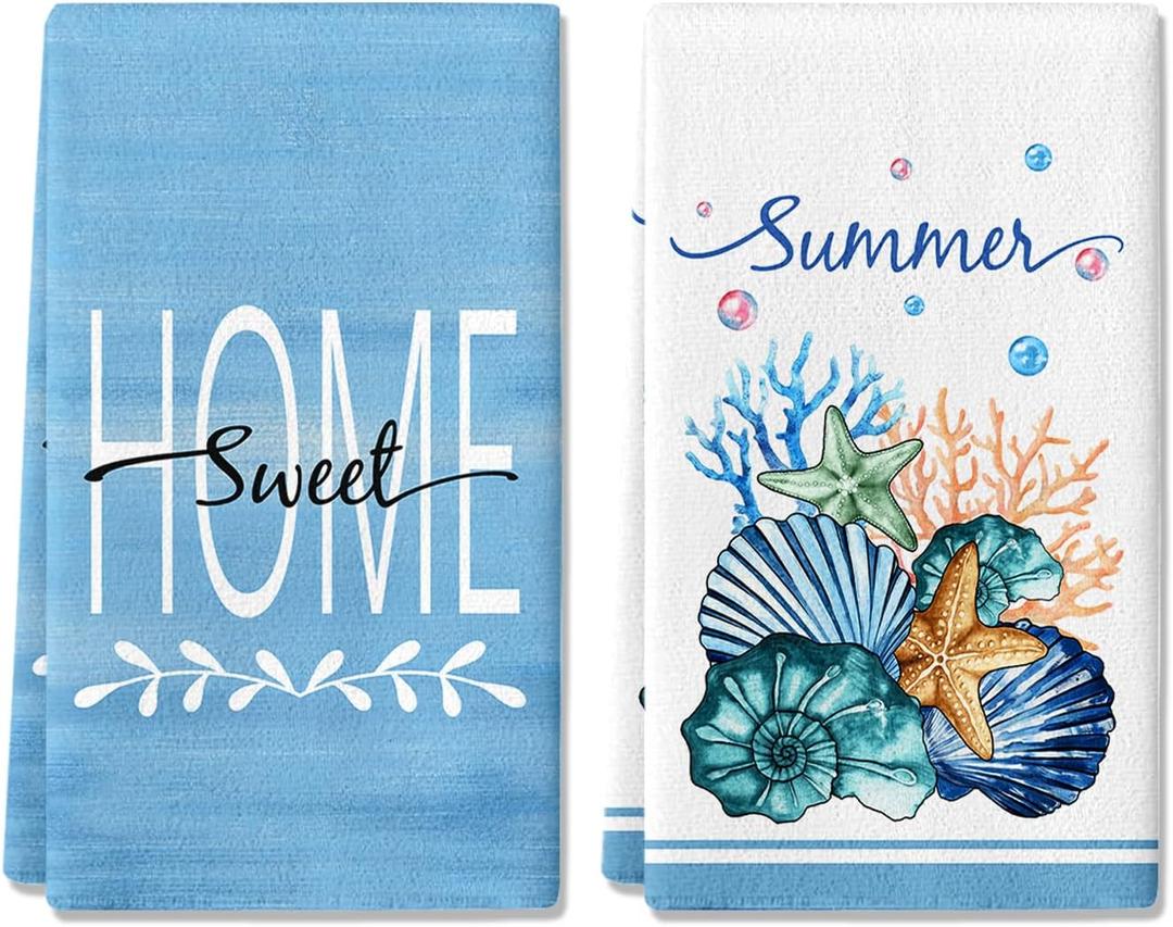 Seashell Coral Starfish Hand Towel Set of 2, Summer Blue Bath Hand Towels, 18x26 Inch, Coastal Towel for Bathroom Home Kitchen, Soft Dish Towel, Summer Farmhouse Seasonal Decoration