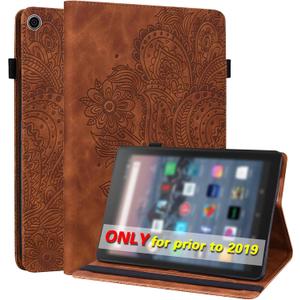 Amazon Kindle Fire HD 8 8th/7th/6th Generation Case 2016/2017/2018,Embossed Peacock Flower Pattern PU Leather Folio Wallet Shockproof Cover with Pencil Holder Elastic Band - Brown
