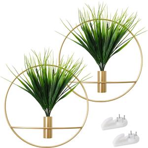 SAJANDAS Set of 2 Artificial Plants with Gold Metal Round Hanging Hoop for Wall Decor, Wall-Mounted Green Fake Plants in Metal Hoop for Modern Home Decor, Gold Wall Decor for Bedroom, Living Room