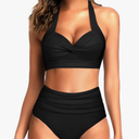 Tempt Me Women Two Piece Vintage Swimsuit Retro Halter Ruched High Waist Bikini with Bottom, L, Black