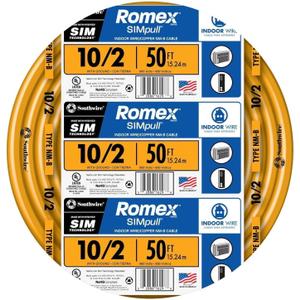 Southwire Romex Brand Simpull Solid Indoor 10/2 W/G NMB Cable 50ft coil - SW# 28829022