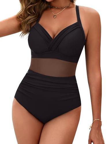 BMJL Women's One Piece Swimsuits Tummy Control Bathing Suit Slimming Sexy Mesh Swimwear(Black,XL)