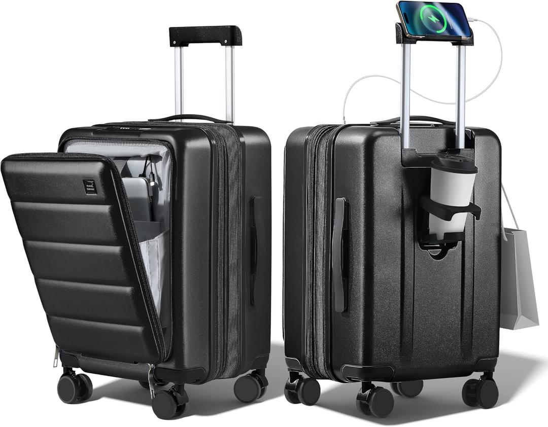 Expandable 20Inch Carry On Luggage Airline Approved - Front Pocket Hardside Travel Suitcase Unbreakable -with Cup Holder,USB Charge,Side Pothook, 360Spinner Wheels, TSA Lock, Black