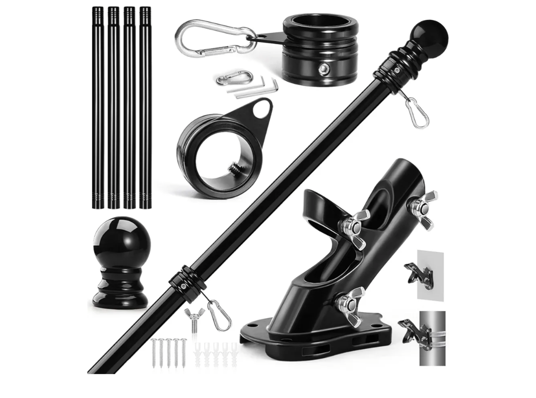 Anovo Flag Pole Kit- Upgraded Holder, Stainless Steel 5 FT Flag Poles with1 Inch Metal 360° Rotating Flag Pole Rings Two-Position Flag Pole Bracket Mounting for Outside House Porch (5 FT-Black)