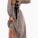 ABYOVRT Women Plaid Maxi Dress Long Puff Sleeve Square Neck Flowy Boho Dress Bow Tie Smocked Fall Dresses, Size Small