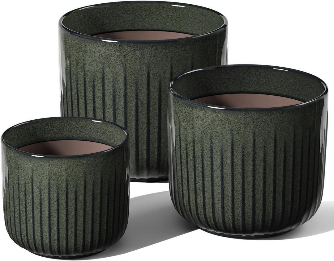 LE TAUCI Fluted Ceramic Planters Set of 3  8.3/7 / 5.7 in Dark Olive Reactive Cylinder Indoor Plant Pots with Drainage Plug & Mesh, Glossy Stoneware Flower Pots for Succulents Herbs