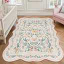 Pink Floral Rug 4X6 for Girls Bedroom or Nursery, Scalloped Cottagecore Washable Non-Slip Area Rug, Cute Soft Boho Carpet for Kids Room, Dorm, or Playroom