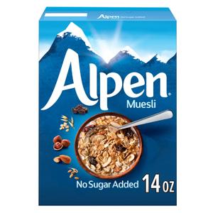 Alpen Muesli No Sugar Added Cereal, Heart Healthy Cereal with Wheat Flakes, Rolled Oats, Nuts and Raisins, Non-GMO Project Verified, 14 OZ Box (Pack of 1) (EXP 03/03/26)