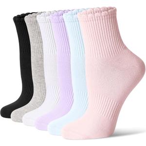 CS CELERSPORT Women's Mini Crew Ankle Socks with Scalloped Top,Pack of 6 | Pre-Washed Cotton Fabric,Seamless Toe,Casual Socks to Match Loafers,Birkenstocks and Boots for Daily Wear (S)