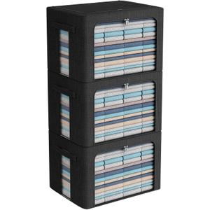 3Pack Foldable Storage Bins - Frame Storage Box Linen Fabric Stackable Clothes Container Organizer with Clear Window & Carry Handles Large Capacity (Extra Large-100L, Black)