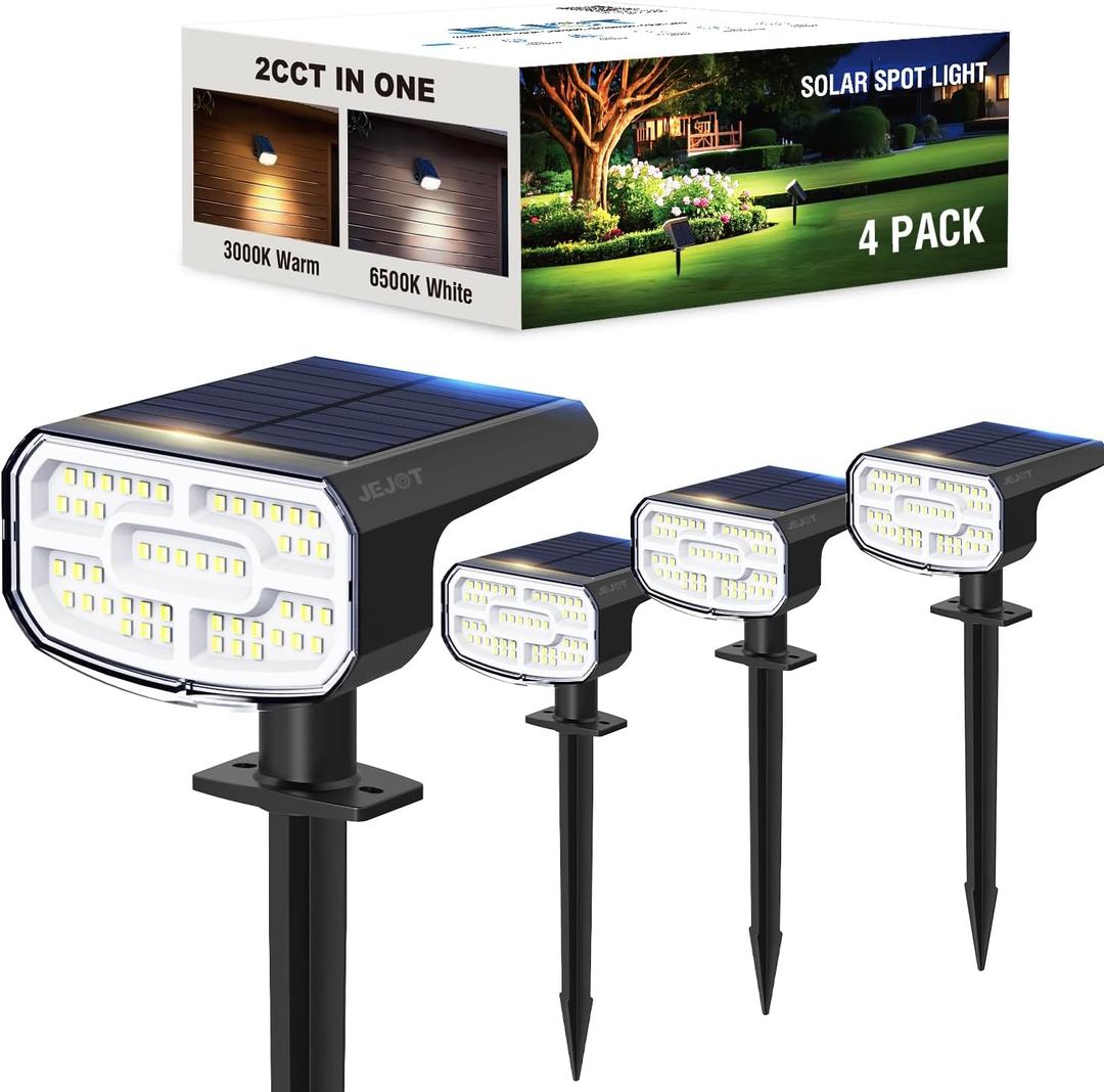 JEJOT Solar Spot Lights Outdoor Waterproof IP65, 4 Pack, 2CCT(3000K/ 6500K), 4 Lighting Modes Selectable, Solar Powered Yard Garden Solar Spot Lights for Outside Landscape Auto On/ Off