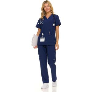Nautica Women's Scrub Set, 9-Pocket Breathable & Stretchy Pants & Tops (Medium, Navy)