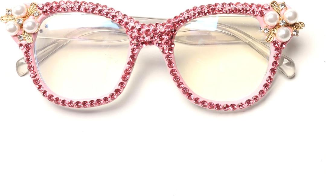 ICARA Oversized Christmas Bling Rhinestone Reading Glasses for Women Christmas Party Ladies Readers (Pink)