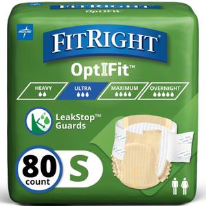 FitRight Adult Diapers, 80 Count, Size Small (Waist Size 20"-32"), Incontinence Briefs for Men and Women, Disposable, Moisture Wicking, Leak Protection
