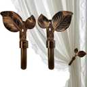 Leaf Curtain Holdbacks, Set of 2 - Wall Mounted Metal Tieback Hooks for Curtains, Adjustable Finial, Antique Bronze