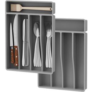 2 Pack Silverware Drawer Organizer Set, Silicone Silverware Holder, Kitchen Utensil Drawer Organization and Storage, Ideal Flatware&Cutlery Organizer withnot BPA, Dishwasher Safe (Grey)