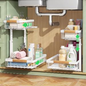 Under Sink Organizer, 2 Packs 2 Tier Under Sink Organizers and Storage, Slide out Pull out Cabinet Organizer Shelf, Metal Sliding Drawer for Kitchen Bathroom Pantry Closet Rack, (White)