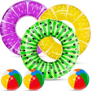 6 Pack Pool Floats Kids, 3 Pcs Inflatable Fruits Swim Tubes Rings & 3 Pcs Rainbow Beach Ball Bulk, Summer Pool Floaties for Kids Adults Swimming Float Toy Hawaiian Party Beach Water Fun Game, 30 Inch Pool Float, 12 Inch Beach Ball