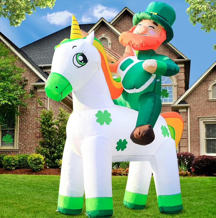 DomKom St. Patricks Day Inflatable Decorations, 5ft Happy Leprechaun Blow Up Décor Built-in LED Lights on Unicorn Playing Guitar, Lucky Day for Outdoor Holiday Party Lawn Yard Garden Patio