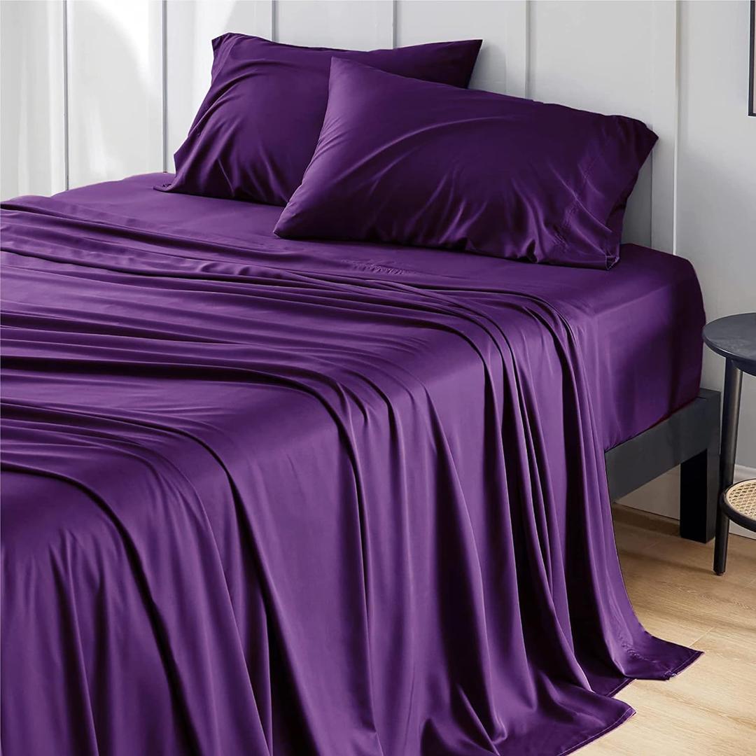 Bedsure Queen Sheet Set, Rayon Derived from Bamboo, Cooling Sheets, PureWoven, Breathable & Soft, Deep Pocket Up to 16 Inches, Hotel Luxury Silky Bedding for Hot Sleepers, Plum