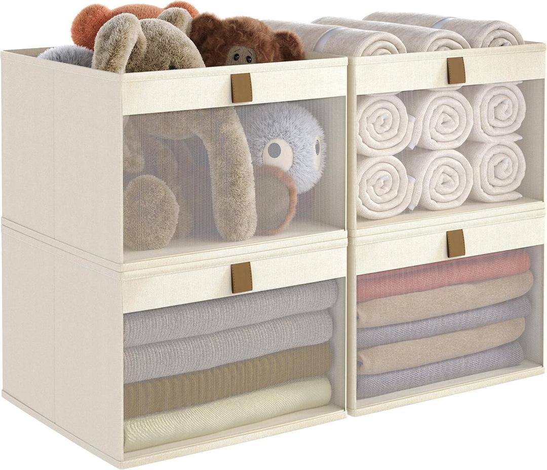 Linen Closet Organizers and Storage, Closet Storage Bins Basket Organizer, Foldable Organization Baskets with Mesh Window for Clothes Towels and Toys, 14.5" x 14.5" x 10.25", Beige, 4 pack