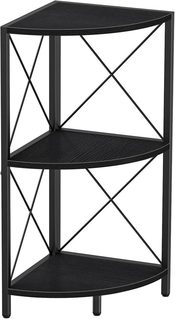 Snughome Corner Shelf with Metal Frame, 3 Tier Corner Storage Organizer, Freestanding Corner Bookshelf Stand Display Rack for Kitchen, Living Room, Black