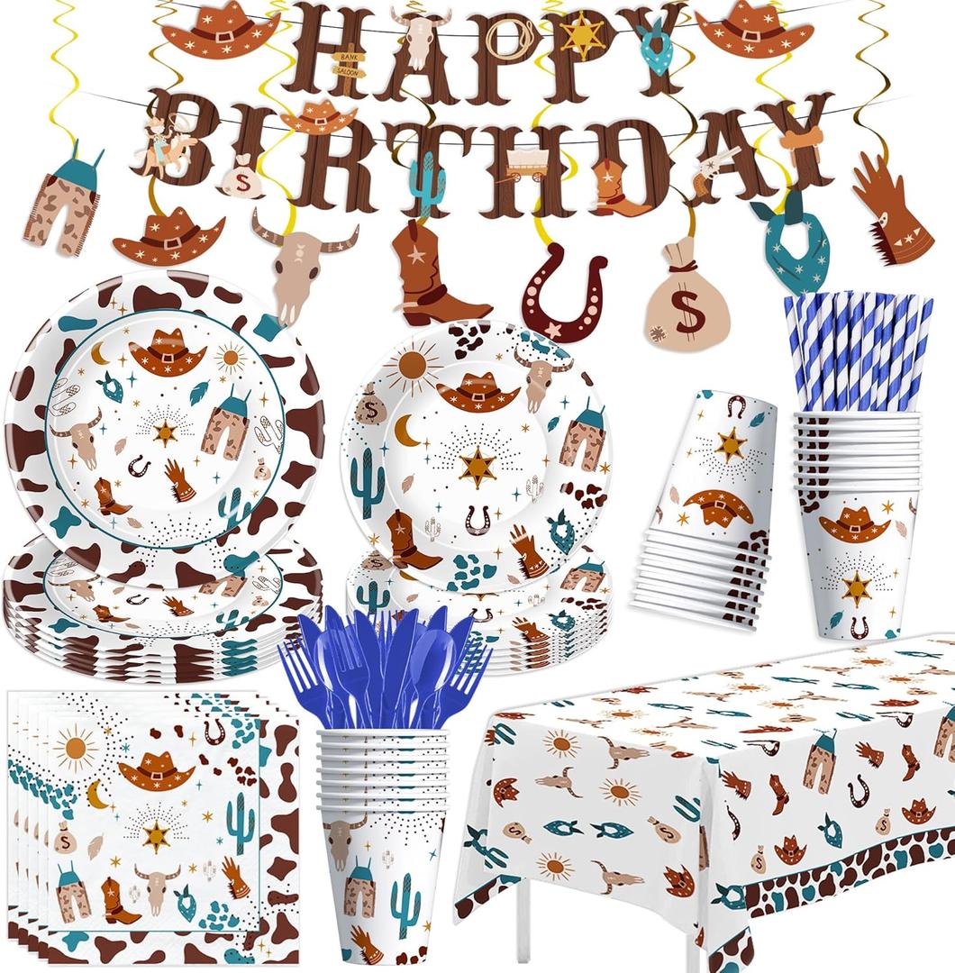 Cowboy Birthday Party Supplies, Wild West Western Party Decorations For Birthday Baby Shower, Rodeo Cowboy Paper Plates and Napkins Set, Cups, Cutlery, Tablecloth, Banner, Swirls, Serves 24