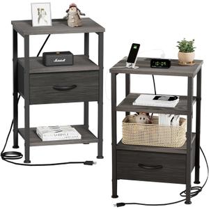 Fixwal Nightstands Set of 2 with Charging Station, Night Stand with Charging Ports 3-Tier Storage, Bedside Nightstand with Adjustable Fabric Drawer for Bedroom, Sofa, Modern Farmhouse Walnut Gray