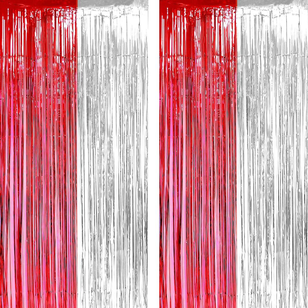 Red White Tinsel Foil Fringe Curtains - Circus Welcome Carnival Under the Top Birthday Baby Shower Graduation Party Backdrops Wedding Valentines Day Party Decor Photo Booth Backdrops Decorations