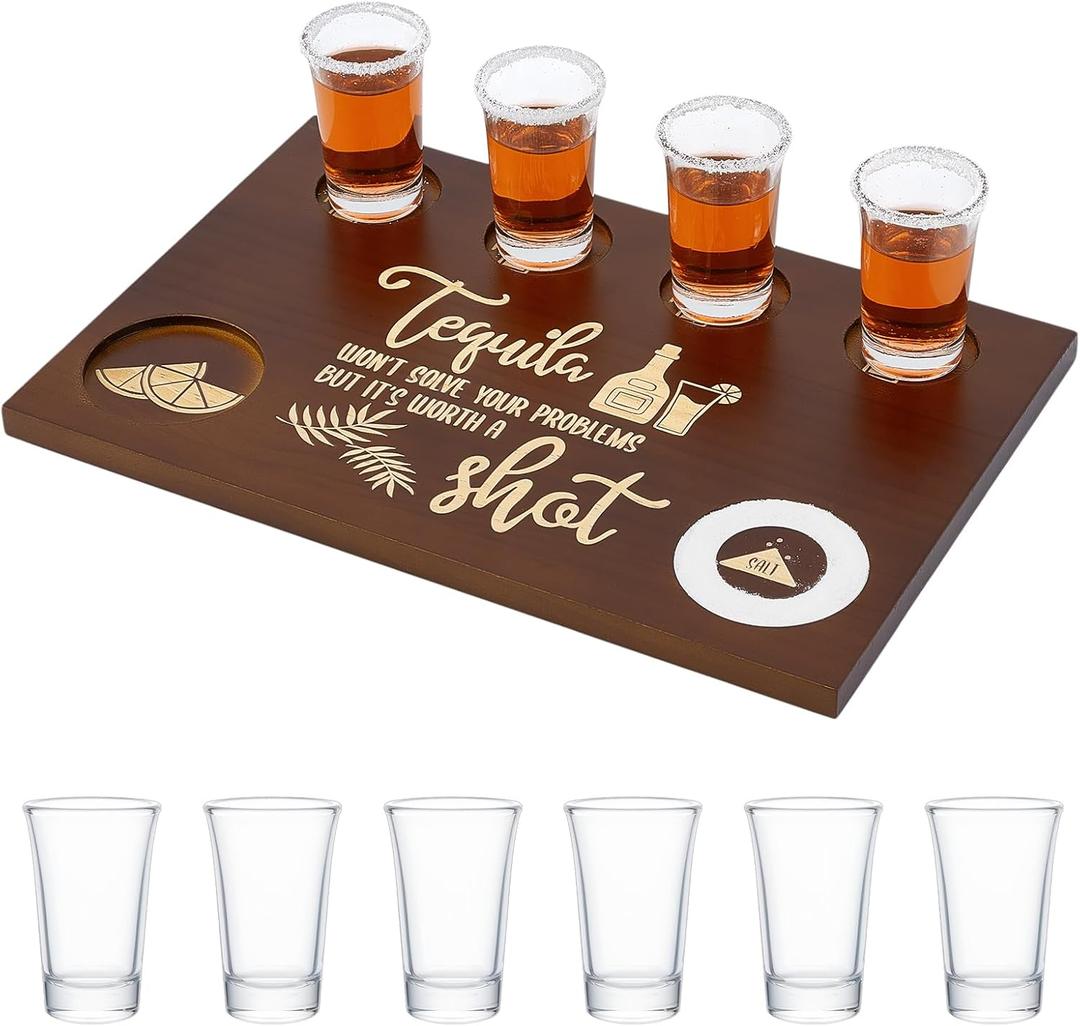 Shot Board Set With 6pcs Shot Glass Gifts, 7.8x11.8 Inch Wooden Serving Tray with Salt Rim, Shots Glass Holder for Restaurant Family, Fun Bar Party Housewarming Gifts
