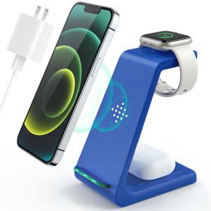3 in 1 Wireless Charging Station, 2026 Upgraded Fast Desk Charger Station for iPhone 17 16 15 14 13 12 Pro Max Plus, Charger Stand for Apple Watch 10 9 8 7 6 5 4 3 2 SE, Airpods 4 3 2 Pro(Blue)
