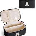 Wandering Nature Puffer Initial Makeup Bag, Personalized Travel Make Up Organizer Cosmetic Bags with Brush Holder and Divider, Gift with Chenille Letter for Moms, Wives, Girlfriend, Besties (A, Black)