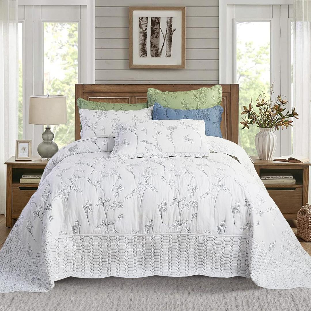 Cmfshape 100% Cotton Oversized King Bedspread,3 Pieces Floral Pattern Stitching Quilt Cal King Embroidery Bedding Set,Reversible Lightweight Soft Bedspread Coverlet for All Season(White 114"x102")
