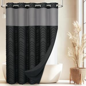 WONICY No Hook Shower Curtain with Snap in Liner, Tufted Chevron Striped Shower Curtain Set for Bathroom, Boho Waterproof and Washable Shower Curtains,71Wx77H, Black