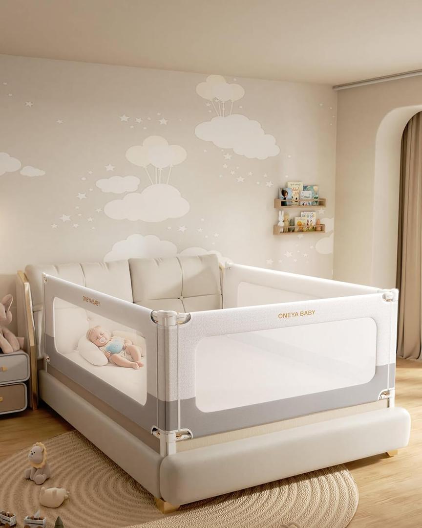 3 Piece Bed Rails for King Size Bed, No-Drill Needed Baby Bed Rail Guard for Toddlers with Height Adjustable, Thickened Child Safety Side Railing Guards/Bedrail for Kids, White/Grey, 74.8x78.7x78.7in, 3 Sides King - No Nail
